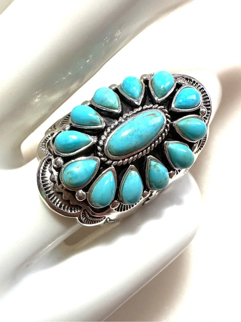 Turquoise Thai Hand-Embossed and Stamped Sterling Silver Cluster Statement Ring